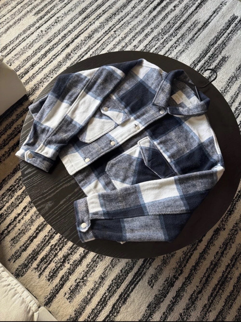 Women’s cropped boxy Blue and White Plaid Button-Up Shirt Jacket
